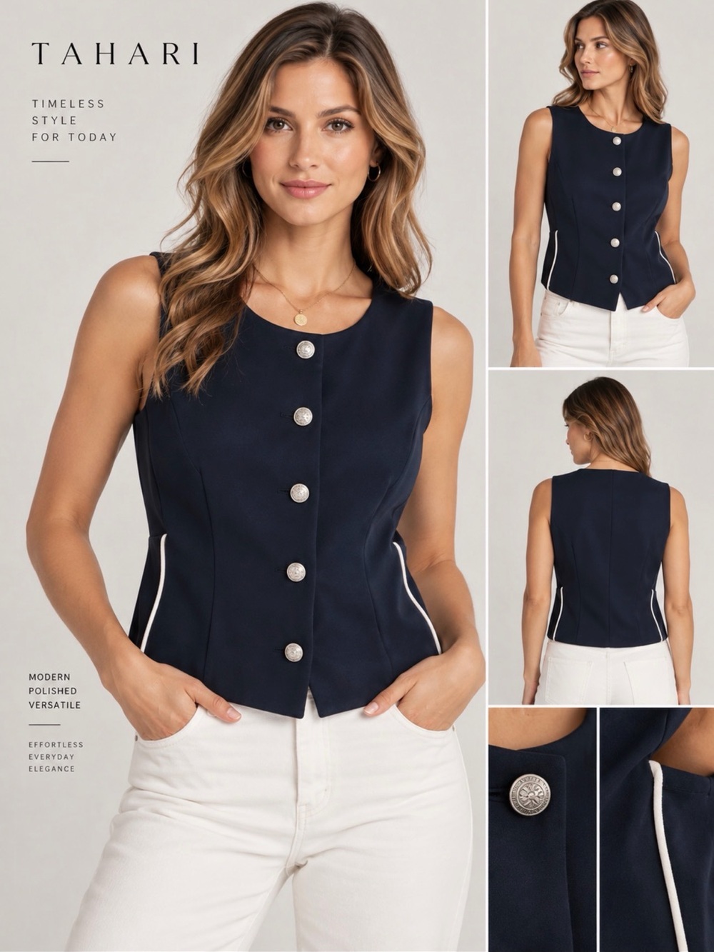 Tailored Black Crop Vest with White Piping